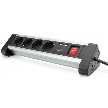 DIGITUS DA-70614 - Power strip - AC 110-240 V - 3680 Watt - input: power - output connectors: 4 (2 x USB, 4 x CEE 7 / 4) - 1.5 m cord - black, silver - 0