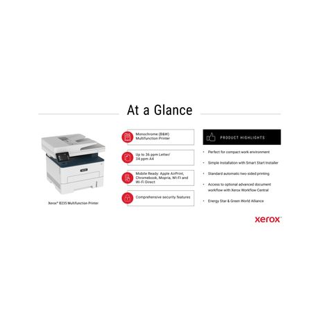 Xerox B235 - Multifunction printer - B / W - laser - A4 / Legal (media) - up to 34 ppm (printing) - 250 sheets - 33.6 Kbps - USB 2.0, LAN, Wi-Fi(n), USB 2.0 host - 7