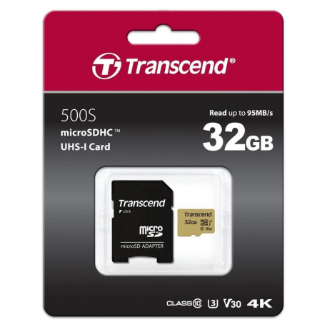 Transcend 500S - Flash memory card (microSDHC to SD adapter included) - 32 GB - Video Class V30  /  UHS-I U3  /  Class10 - microSDHC - 1