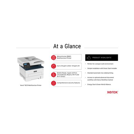 Xerox B225 - Multifunction printer - B / W - laser - A4 / Legal (media) - up to 34 ppm (printing) - 250 sheets - USB 2.0, LAN, Wi-Fi(n), USB 2.0 host - 9