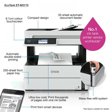 Epson EcoTank ET-M3170 - Multifunction printer - B / W - ink-jet - Legal (216 x 356 mm) / A4 (210 x 297 mm) (original) - A4 / Legal (media) - up to 20 ppm (printing) - 250 sheets - 33.6 Kbps - USB, LAN, Wi-Fi - white - 3