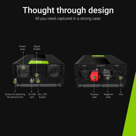 Green Cell - DC to AC power inverter - 12 V - 1500 Watt - output connectors: 2 - black - 3