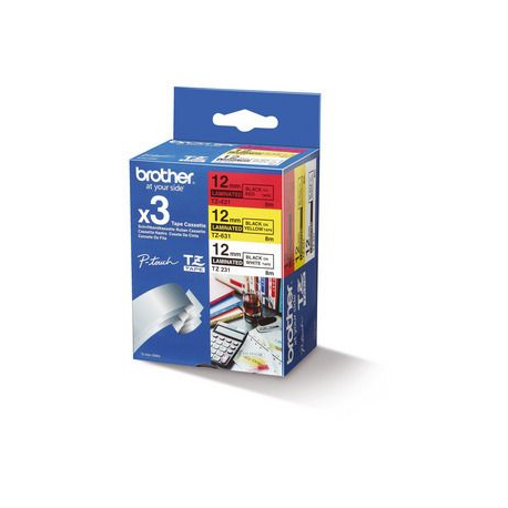 Brother TZe-31M3 - Black on red, black on white, black on yellow - Roll (1.2 cm x 8 m) 3 cassette(s) laminated tape - for P-Touch PT-1000, 1010, 1080, 1090, 1280, 1830, 3600, 7500, 7600, 900, E100, E550, H100 - 0