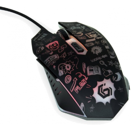 Gembird MUS-6B-GRAFIX-01 - Mouse - cartoon style graphic design - ergonomic - optical - 6 buttons - wired - USB - black - giftbox with transparent window - 3