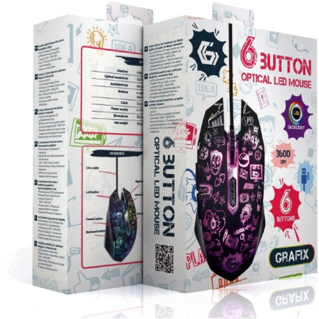 Gembird MUS-6B-GRAFIX-01 - Mouse - cartoon style graphic design - ergonomic - optical - 6 buttons - wired - USB - black - giftbox with transparent window - 8