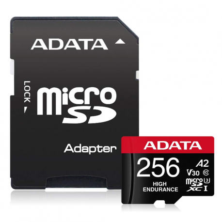 ADATA High Endurance - Flash memory card (microSDXC to SD adapter included) - 256 GB - A2 / Video Class V30 / UHS-I U3 / Class10 - microSDXC UHS-I - 5