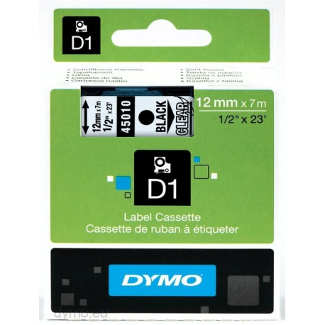 DYMO D1 - Self-adhesive - black on transparent - Roll (1.2 cm x 7 m) 1 cassette(s) label tape - for LabelMANAGER 100, 160, 210, 220, 260, 280, 300, 360, 420, Wireless PnP; LabelPOINT 250 - 3