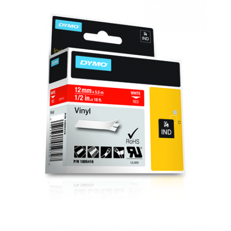 DYMO Rhino - Vinyl - permanent adhesive - white on red - Roll (1.2 cm x 5.5 m) 1 cassette(s) tape - for Rhino 4200, 5000, 5200, 6000; RhinoPRO 3000 - 2