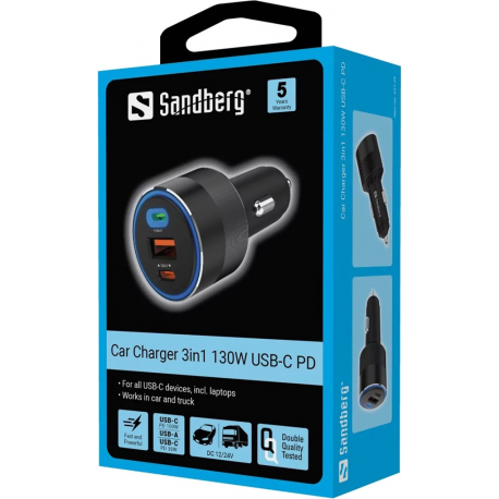 Sandberg Active - Car power adapter - 130 Watt - 3 output connectors (USB, 24 pin USB-C) - 3