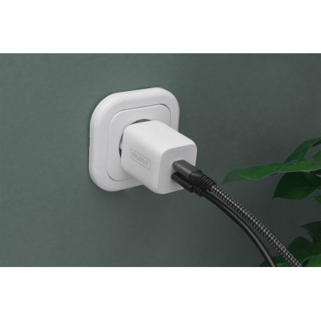 Digitus - Power adapter - GaN - 65 Watt - 3.25 A - PD 3.0 - 2 output connectors (24 pin USB-C) - on cable: USB-C - white - 4