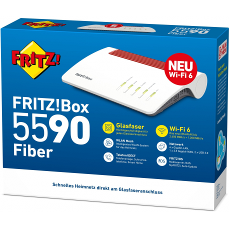 AVM FRITZ!Box 5590 Fiber - Wireless router - mesh - GPON terminal / voice card - GigE, 2.5 GigE, GPON, AON - 802.11a/b/g/n/ac/ax - Dual Band - VoIP phone adapter (DECT) - 5
