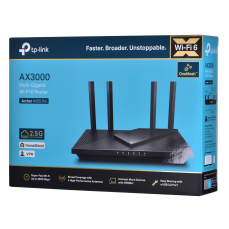TP-Link Archer AX55 Pro V1 - Wireless router 5-port switch - 1GbE - WAN ports: 2 - Wi-Fi 6 - Dual Band - 8