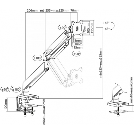 DIGITUS - Mounting kit (desk clamp mount, 2 VESA mount brackets, 2 x swivel arms) - for 2 LCD display/ curved LCD display - gas spring - plastic, aluminium, steel - matte black - screen size: 15"-35" - C-clamp - 6