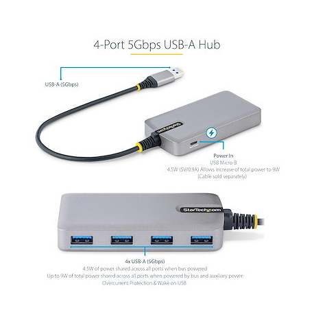 StarTech.com 4-Port USB Hub, USB 3.0 5Gbps, Bus Powered, USB-A to 4x USB-A Hub with Optional Auxiliary Power Input, Portable Desktop / Laptop USB Hub with 1ft (30cm) Attached Cable - USB Expansion Hub (5G4AB-USB-A-HUB) - Hub - 4 x USB 3.2 Gen 1 + 1 x micro-USB - desktop - 6