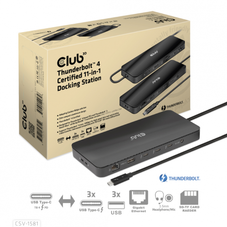 Club 3D - Docking station - USB-C / Thunderbolt 3 / Thunderbolt 4 - 3 x Thunderbolt 4 - GigE - 140 Watt - 6
