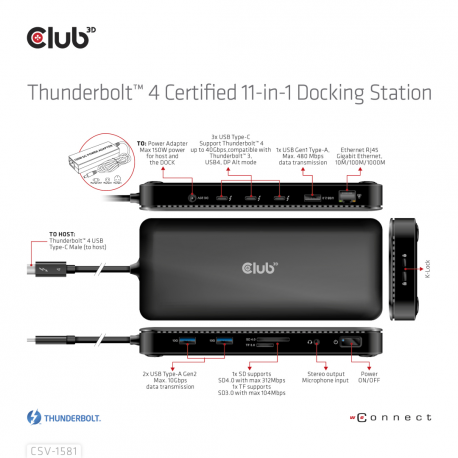 Club 3D - Docking station - USB-C / Thunderbolt 3 / Thunderbolt 4 - 3 x Thunderbolt 4 - GigE - 140 Watt - 11