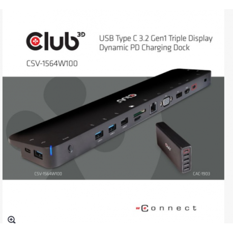 Club 3D - Docking station - USB-C 3.2 Gen 1 - VGA, HDMI, DP - GigE - 100 Watt - 10