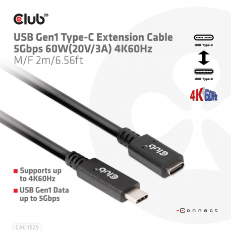 Club 3D CAC-1531 - USB extension cable - USB-C (M) to USB-C (F) - 20 V - 3 A - 1 m - bi-directional, 4K60Hz support - 2