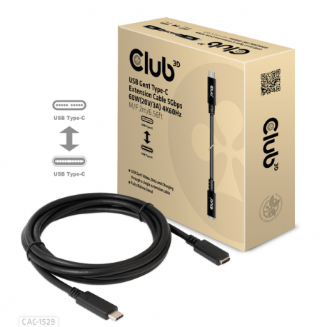 Club 3D CAC-1531 - USB extension cable - USB-C (M) to USB-C (F) - 20 V - 3 A - 1 m - bi-directional, 4K60Hz support - 7