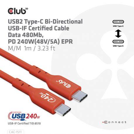 Club 3D - USB cable - 24 pin USB-C (M) to 24 pin USB-C (M) - USB 2.0 - 48 V - 5 A - 4 m - bi-directional, up to 240W power delivery support, extended power range (EPR) - 3