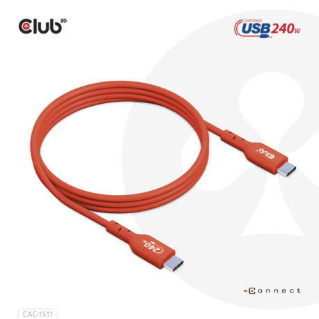 Club 3D - USB cable - 24 pin USB-C (M) to 24 pin USB-C (M) - USB 2.0 - 48 V - 5 A - 4 m - bi-directional, up to 240W power delivery support, extended power range (EPR) - 11