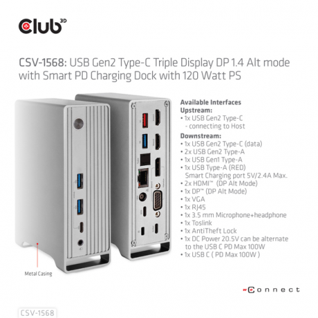 Club 3D - Docking station - USB-C - VGA, 2 x HDMI, DP - GigE - 120 Watt - 2