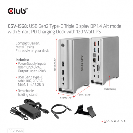 Club 3D - Docking station - USB-C - VGA, 2 x HDMI, DP - GigE - 120 Watt - 4