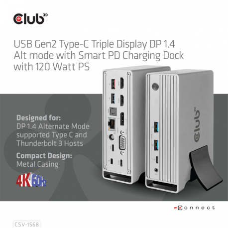Club 3D - Docking station - USB-C - VGA, 2 x HDMI, DP - GigE - 120 Watt - 8