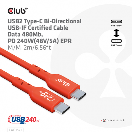 Club 3D - USB cable - 24 pin USB-C (M) to 24 pin USB-C (M) - USB 2.0 - 48 V - 5 A - 2 m - bi-directional, up to 240W power delivery support, extended power range (EPR) - 3