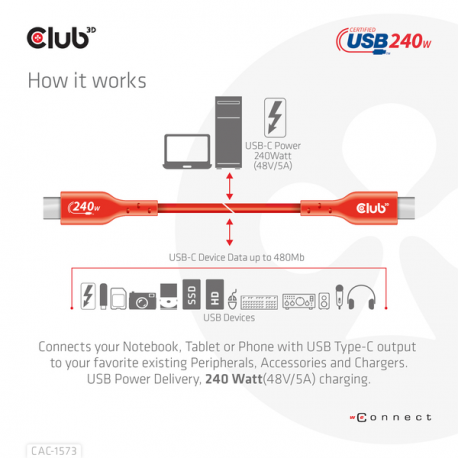 Club 3D - USB cable - 24 pin USB-C (M) to 24 pin USB-C (M) - USB 2.0 - 48 V - 5 A - 2 m - bi-directional, up to 240W power delivery support, extended power range (EPR) - 7