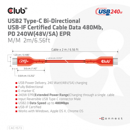 Club 3D - USB cable - 24 pin USB-C (M) to 24 pin USB-C (M) - USB 2.0 - 48 V - 5 A - 2 m - bi-directional, up to 240W power delivery support, extended power range (EPR) - 12