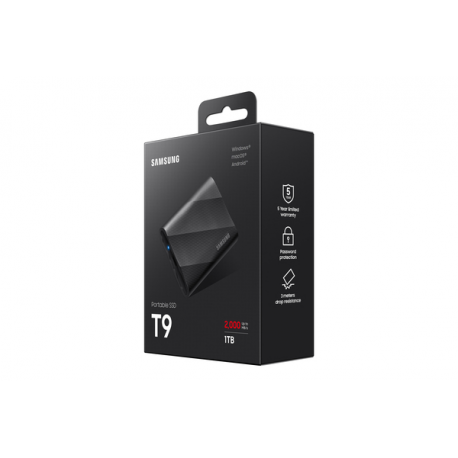 Samsung T9 MU-PG1T0B - SSD - encrypted - 1 TB - external (portable) - USB 3.2 Gen 2x2 (USB-C connector) - 256-bit AES - black - 1