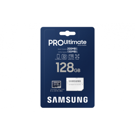 Samsung PRO Ultimate MB-MY128SA - Flash memory card (SD adapter included) - 128 GB - A2  /  Video Class V30  /  UHS-I U3 - microSDXC UHS-I - blue - 8