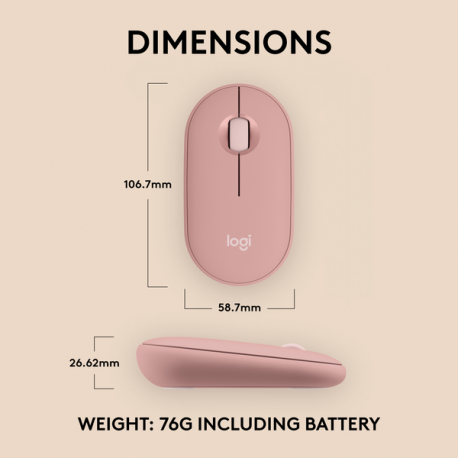 Logitech Pebble 2 M350s - Mouse - optical - 3 buttons - wireless - Bluetooth 5.2 LE - tonal rose - 5