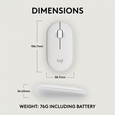 Logitech Pebble 2 M350s - Mouse - optical - 3 buttons - wireless - Bluetooth 5.2 LE - tonal white - 7