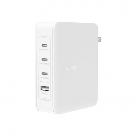 Belkin BoostCharge Pro - Power adapter - GaN technology - 140 Watt - Fast Charge, Power Delivery 3.1 - 4 output connectors (USB, 3 x USB-C) - white - 0
