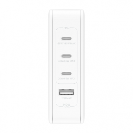 Belkin BoostCharge Pro - Power adapter - GaN technology - 140 Watt - Fast Charge, Power Delivery 3.1 - 4 output connectors (USB, 3 x USB-C) - white - 1