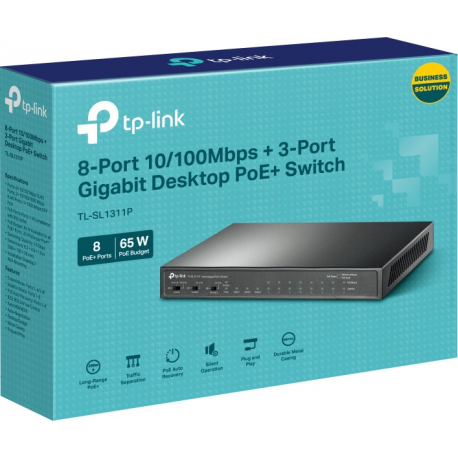 TP-Link TL-SL1311P V1.6 - Switch - unmanaged - 8 x 10 / 100 (PoE+) + 2 x 10 / 100 / 1000 + 1 x 1000Base-X SFP - rack-mountable (65 W) - 2