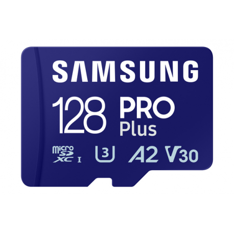 Samsung PRO Plus MB-MD128SA - Flash memory card (microSDXC to SD adapter included) - 128 GB - A2  /  Video Class V30  /  UHS-I U3 - microSDXC UHS-I - blue - 0