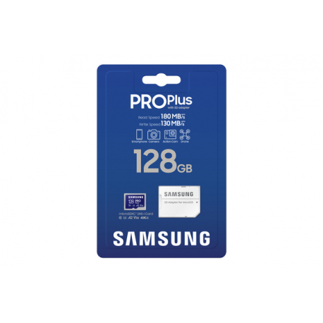 Samsung PRO Plus MB-MD128SA - Flash memory card (microSDXC to SD adapter included) - 128 GB - A2  /  Video Class V30  /  UHS-I U3 - microSDXC UHS-I - blue - 1