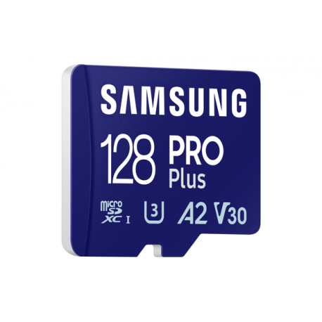 Samsung PRO Plus MB-MD128SA - Flash memory card (microSDXC to SD adapter included) - 128 GB - A2  /  Video Class V30  /  UHS-I U3 - microSDXC UHS-I - blue - 3