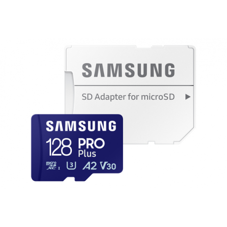 Samsung PRO Plus MB-MD128SA - Flash memory card (microSDXC to SD adapter included) - 128 GB - A2  /  Video Class V30  /  UHS-I U3 - microSDXC UHS-I - blue - 7