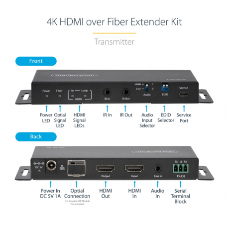StarTech.com 4K HDMI over Fiber Extender Kit, 4K 60Hz up to 3300ft / 1km (Single Mode) or 1000ft / 300m (Multimode) LC Fiber Optic, HDR / HDCP, Audio / RS232 / IR Extender, HDMI Video Extender - Transmitter and Receiver Kit (ST121HD20FXA2) - Video / audio / infrared / network extender - HDMI - over fibre optic - fibre optic - up to 1 km - 6