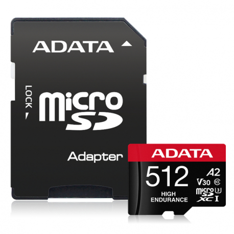 ADATA High Endurance - Flash memory card (microSDXC to SD adapter included) - 512 GB - A2  /  Video Class V30  /  UHS-I U3  /  Class10 - microSDXC UHS-I - 0