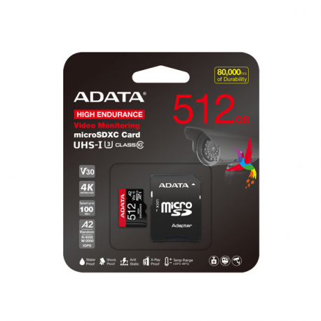 ADATA High Endurance - Flash memory card (microSDXC to SD adapter included) - 512 GB - A2  /  Video Class V30  /  UHS-I U3  /  Class10 - microSDXC UHS-I - 2