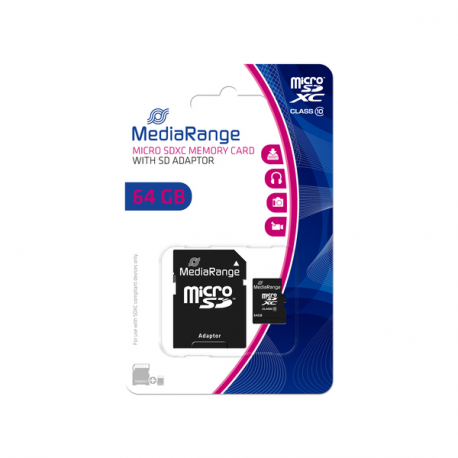 MediaRange - Flash memory card (microSDXC to SD adapter included) - 64 GB - Class 10 - microSDXC - black - 0