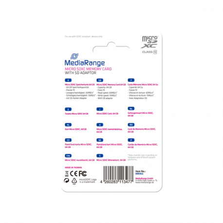 MediaRange - Flash memory card (microSDXC to SD adapter included) - 64 GB - Class 10 - microSDXC - black - 3