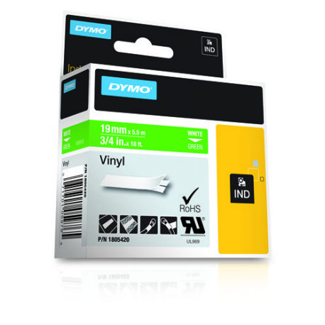 DYMO Rhino Coloured Vinyl - Vinyl - permanent adhesive - white on green - Roll (1.9 cm x 5.5 m) 1 cassette(s) tape - for DYMO ILP219; Rhino 4200, 5000, 5200, 6000; RhinoPRO 3000, 5000, 6000, 6500 - 2