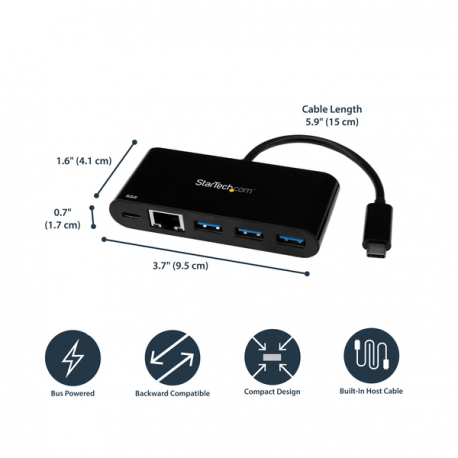StarTech.com USB C to Ethernet Adapter - 3 Port - with Power Delivery (USB PD) - Power Pass Through Charging - USB C Adapter (US1GC303APD) - Network adapter - USB-C - Gigabit Ethernet - black - 2