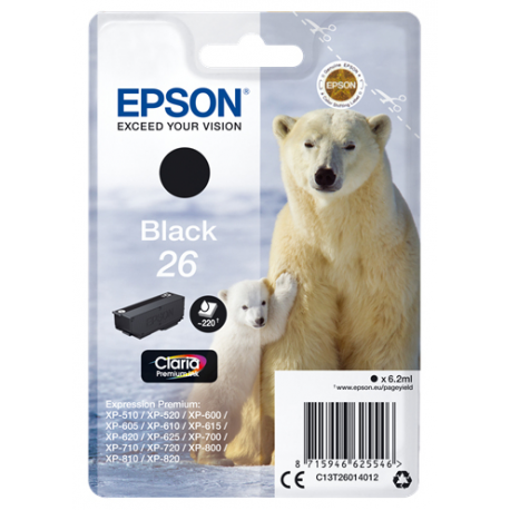 Epson 26 - 6.2 ml - black - original - ink cartridge - for Expression Premium XP-510, 520, 600, 605, 610, 615, 620, 625, 700, 710, 720, 800, 810, 820 - 2